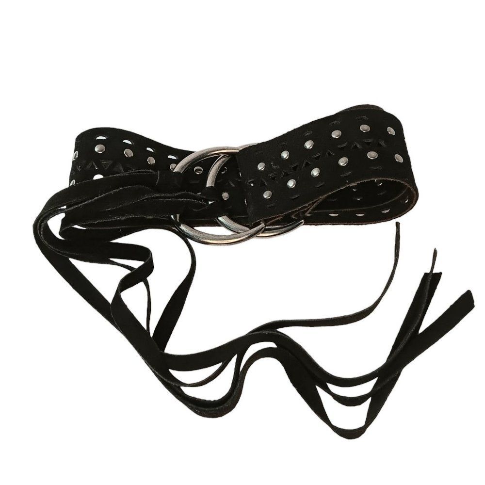 SOLD - Black Leather Belt Cutouts Silver Studs Large Silver Rings Tassles Italy - Picture 2 of 10